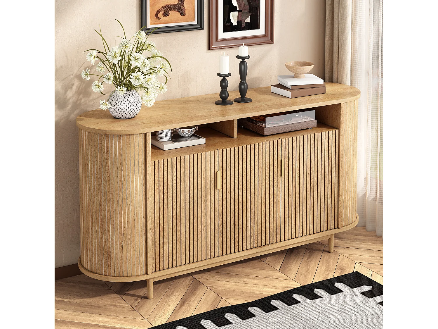 Buffet moderne 140 x 40 x 78 cm - Avec 3 portes - Finition imitation bois - Pieds en pin - MDF - Naturel