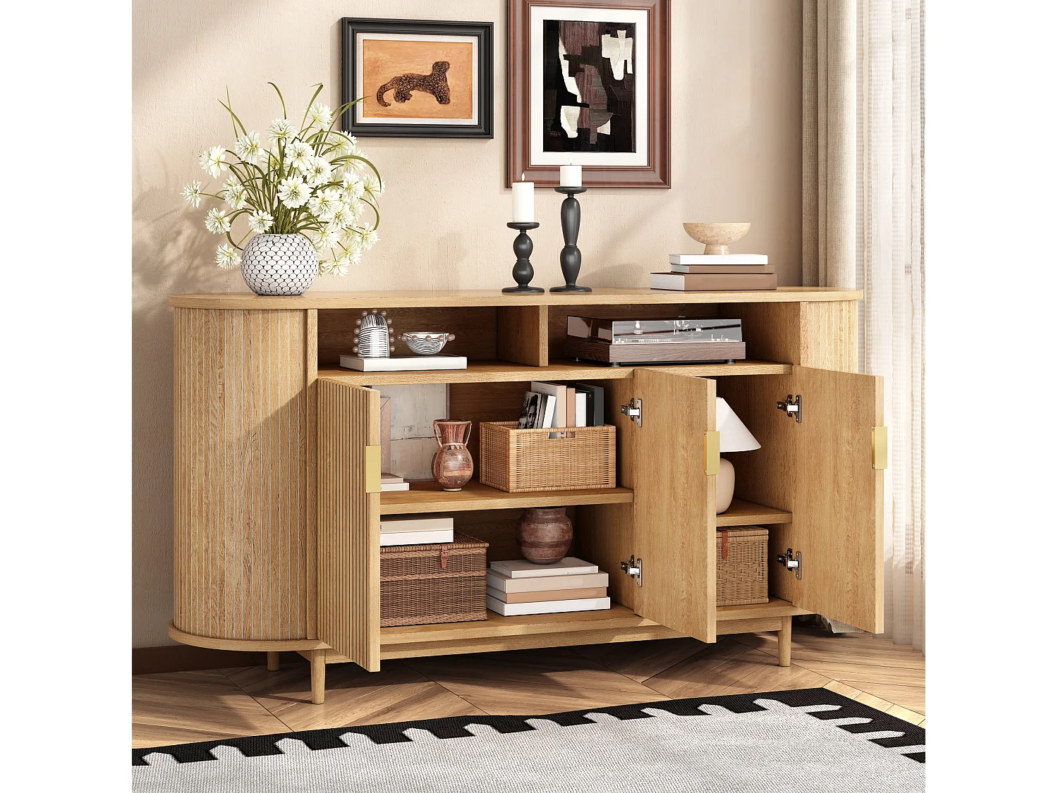 Buffet moderne 140 x 40 x 78 cm - Avec 3 portes - Finition imitation bois - Pieds en pin - MDF - Naturel