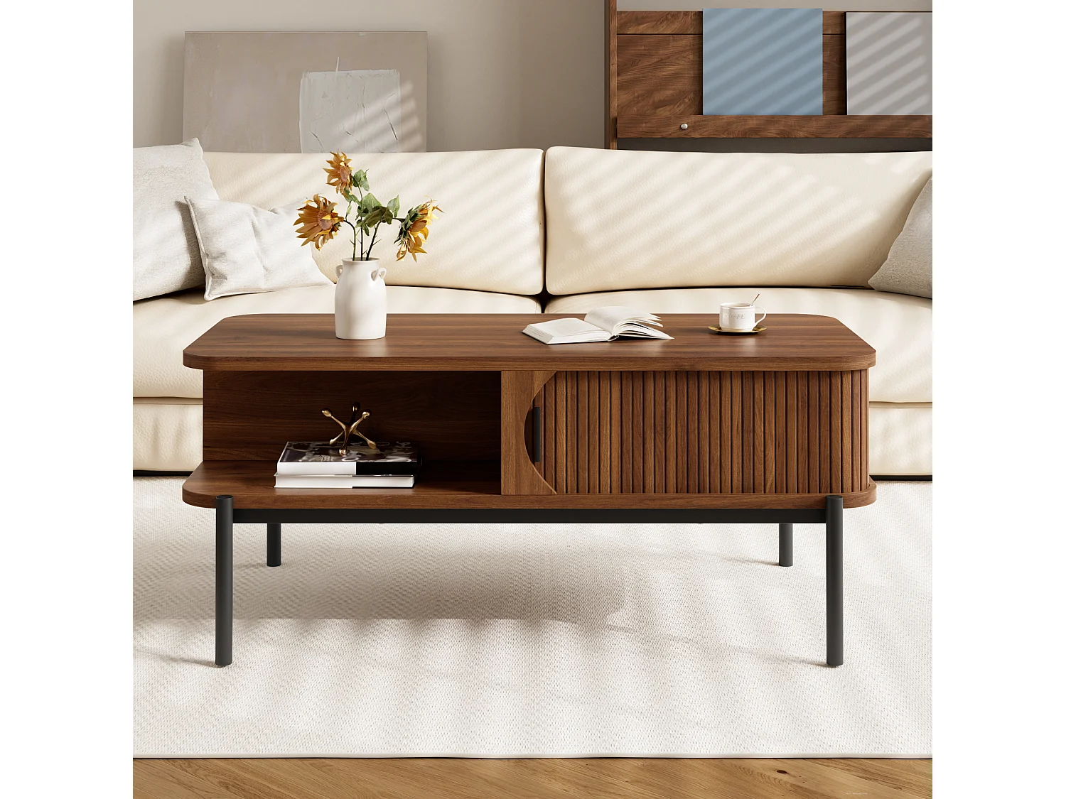 Table Basse Rectangulaire 100x45x43cm - Meuble de Salon avec Portes Coulissantes Cannelées & Pieds en Métal, Style Moderne - Noyer