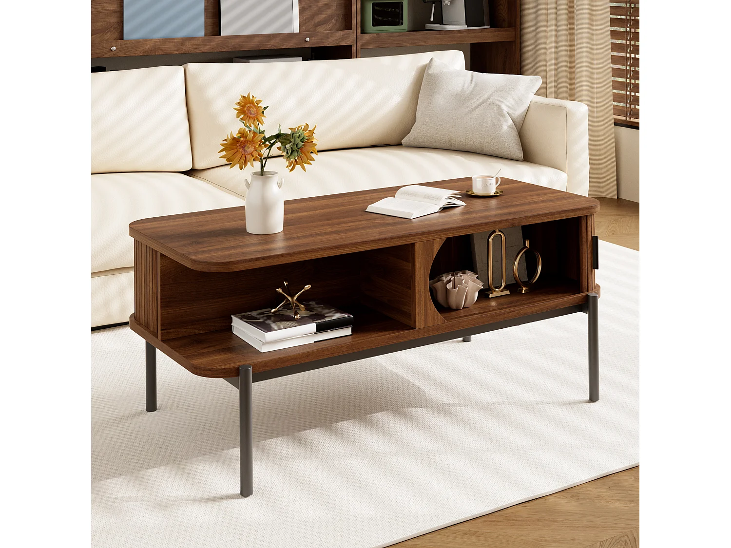 Table Basse Rectangulaire 100x45x43cm - Meuble de Salon avec Portes Coulissantes Cannelées & Pieds en Métal, Style Moderne - Noyer