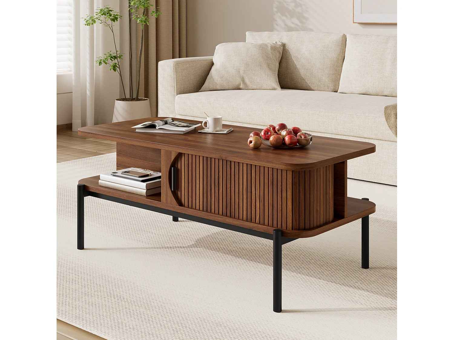 Table Basse Rectangulaire 100x45x43cm - Meuble de Salon avec Portes Coulissantes Cannelées & Pieds en Métal, Style Moderne - Noyer