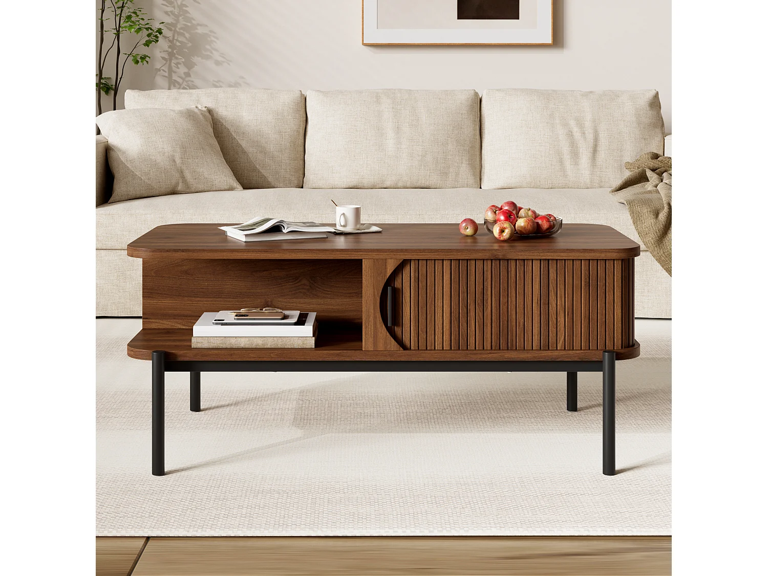 Table Basse Rectangulaire 100x45x43cm - Meuble de Salon avec Portes Coulissantes Cannelées & Pieds en Métal, Style Moderne - Noyer
