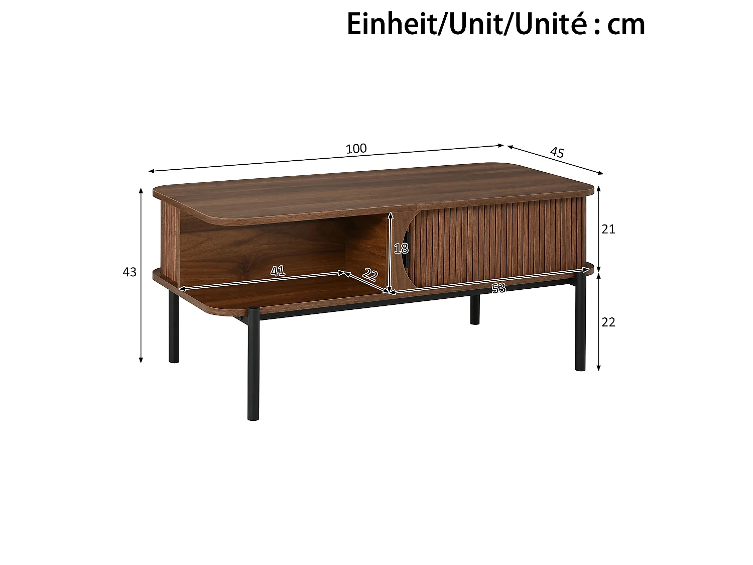 Table Basse Rectangulaire 100x45x43cm - Meuble de Salon avec Portes Coulissantes Cannelées & Pieds en Métal, Style Moderne - Noyer