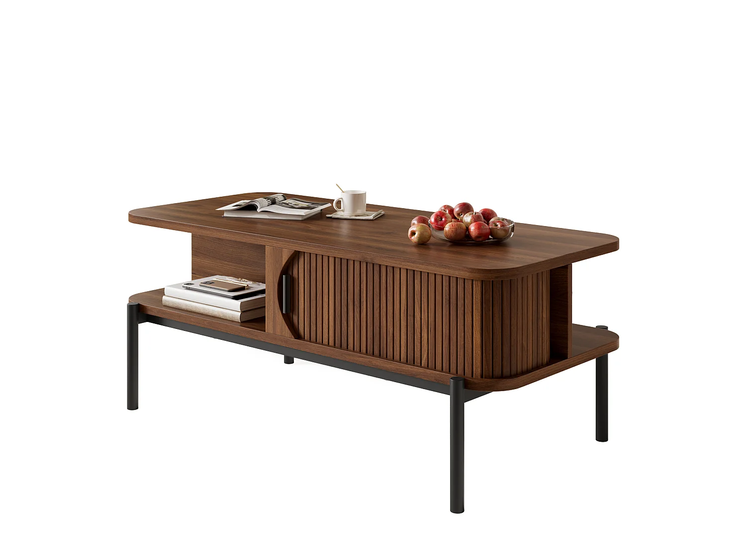 Table Basse Rectangulaire 100x45x43cm - Meuble de Salon avec Portes Coulissantes Cannelées & Pieds en Métal, Style Moderne - Noyer