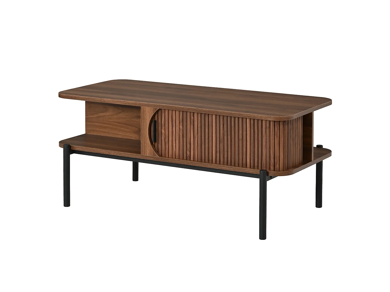 Table Basse Rectangulaire 100x45x43cm - Meuble de Salon avec Portes Coulissantes Cannelées & Pieds en Métal, Style Moderne - Noyer