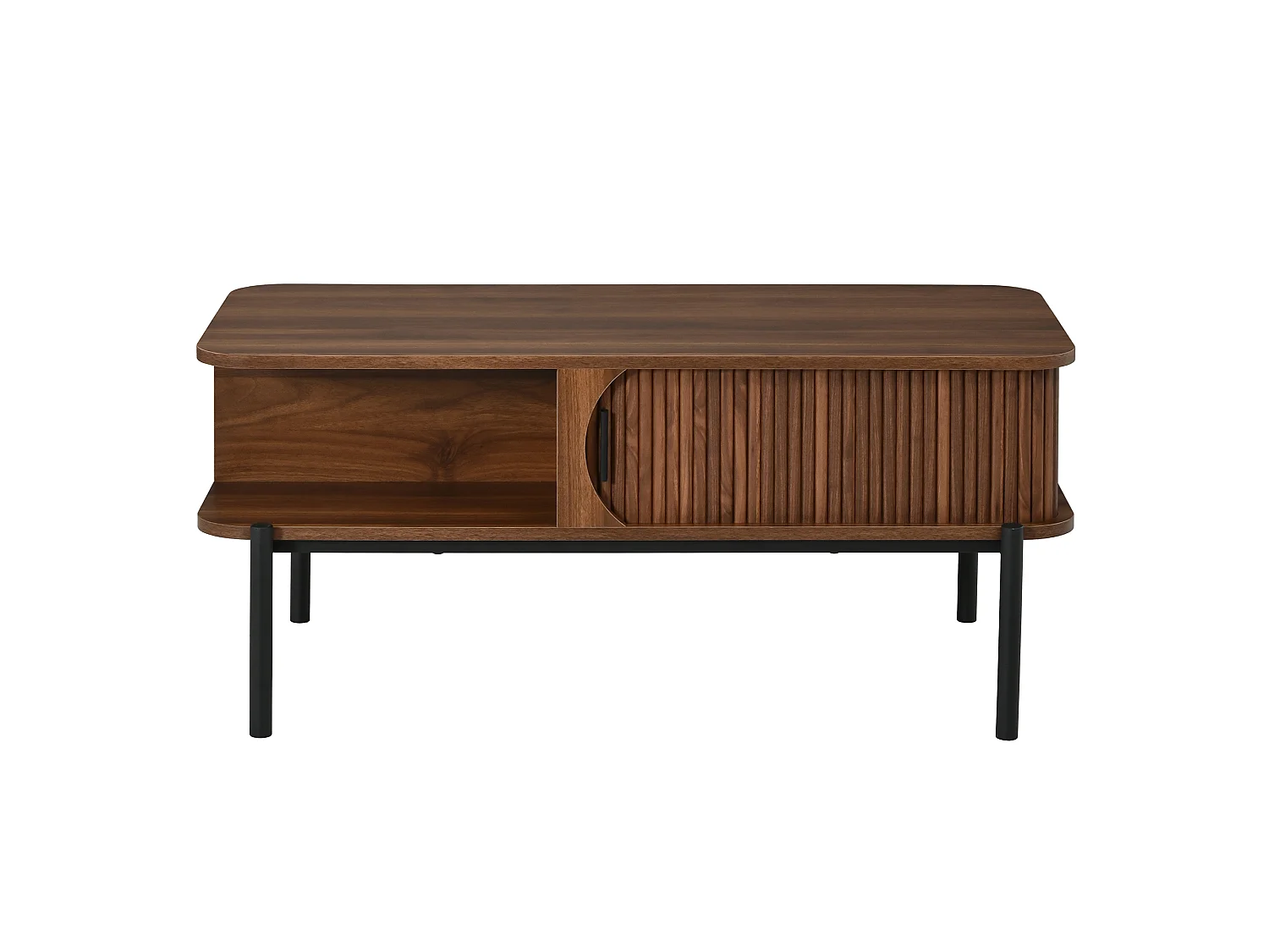 Table Basse Rectangulaire 100x45x43cm - Meuble de Salon avec Portes Coulissantes Cannelées & Pieds en Métal, Style Moderne - Noyer