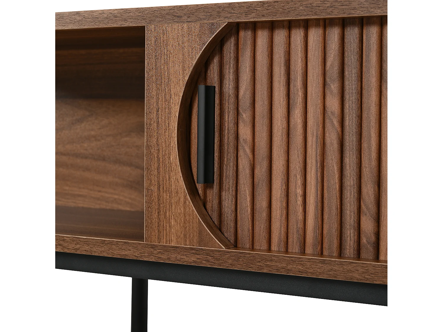 Table Basse Rectangulaire 100x45x43cm - Meuble de Salon avec Portes Coulissantes Cannelées & Pieds en Métal, Style Moderne - Noyer