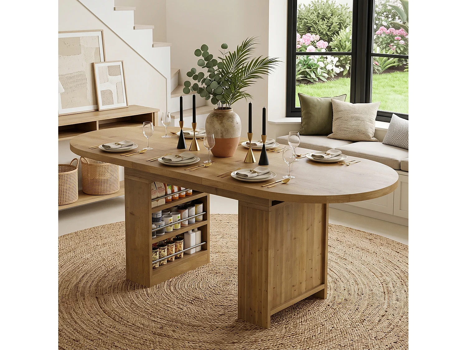Table à manger extensible 150/200x90x76 cm - 6 à 8 personnes - Avec rangement - Plateau épais - Placage chêne - Naturel