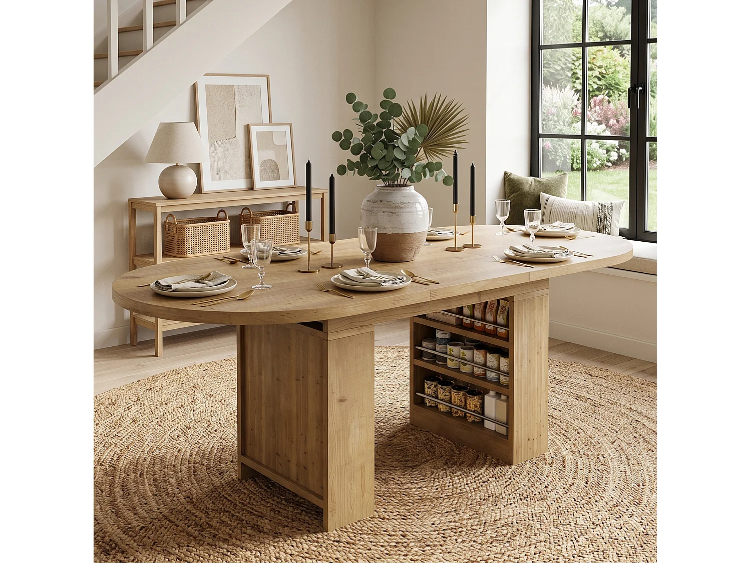 Table à manger extensible 150/200x90x76 cm - 6 à 8 personnes - Avec rangement - Plateau épais - Placage chêne - Naturel