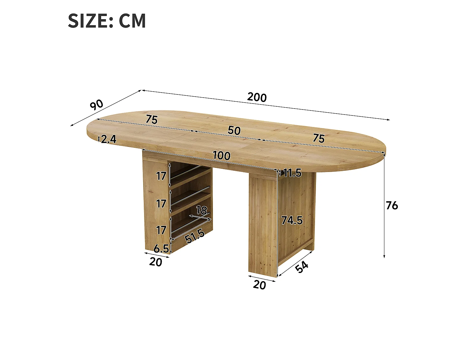 Table à manger extensible 150/200x90x76 cm - 6 à 8 personnes - Avec rangement - Plateau épais - Placage chêne - Naturel