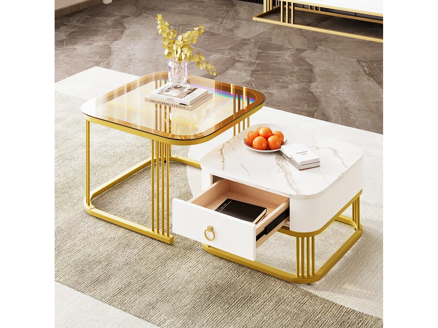set of 2 coffee tables - table top in glass - shiny marble look - golden table legs - with drawer - white
