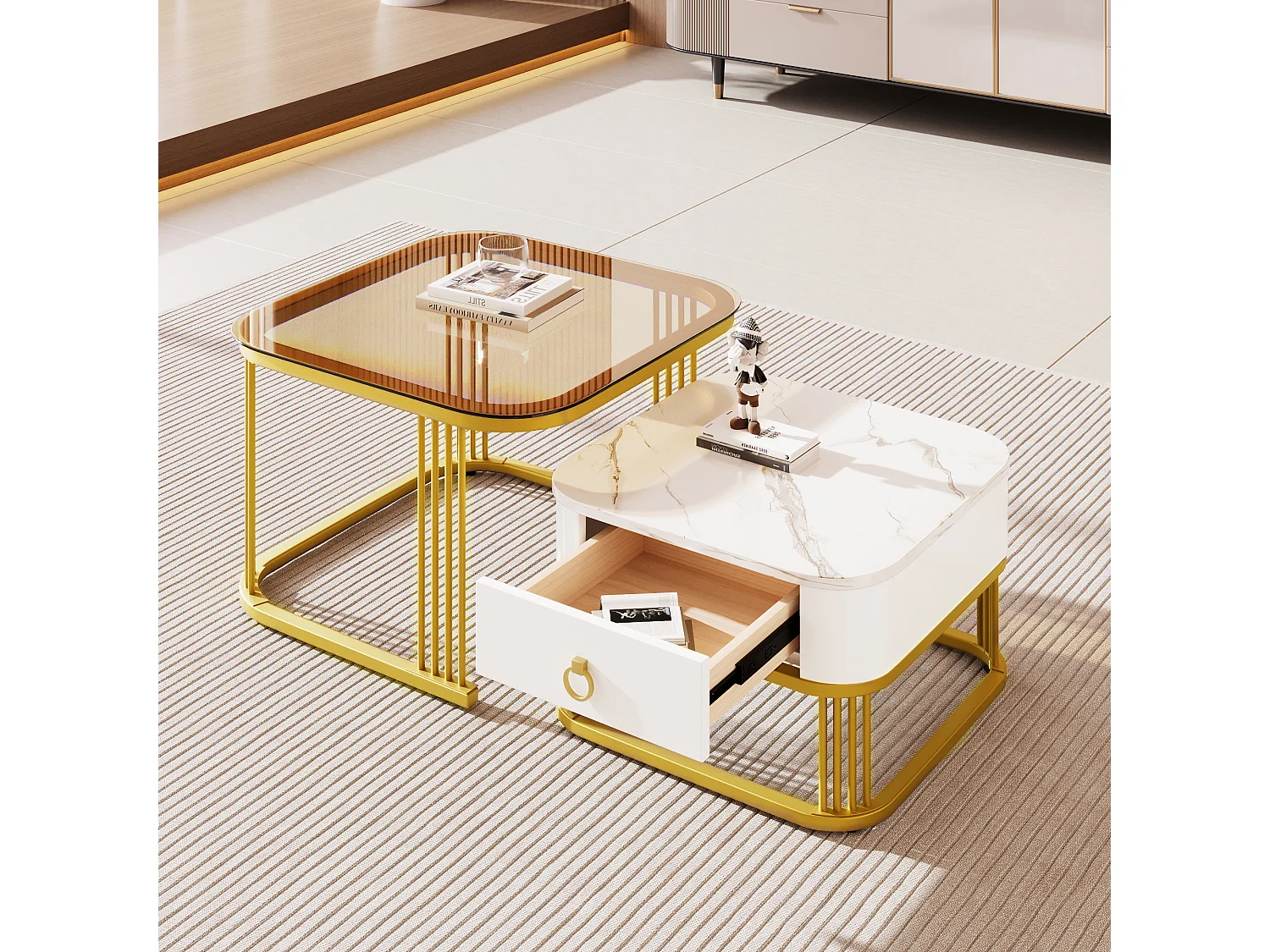 set of 2 coffee tables - table top in glass - shiny marble look - golden table legs - with drawer - white