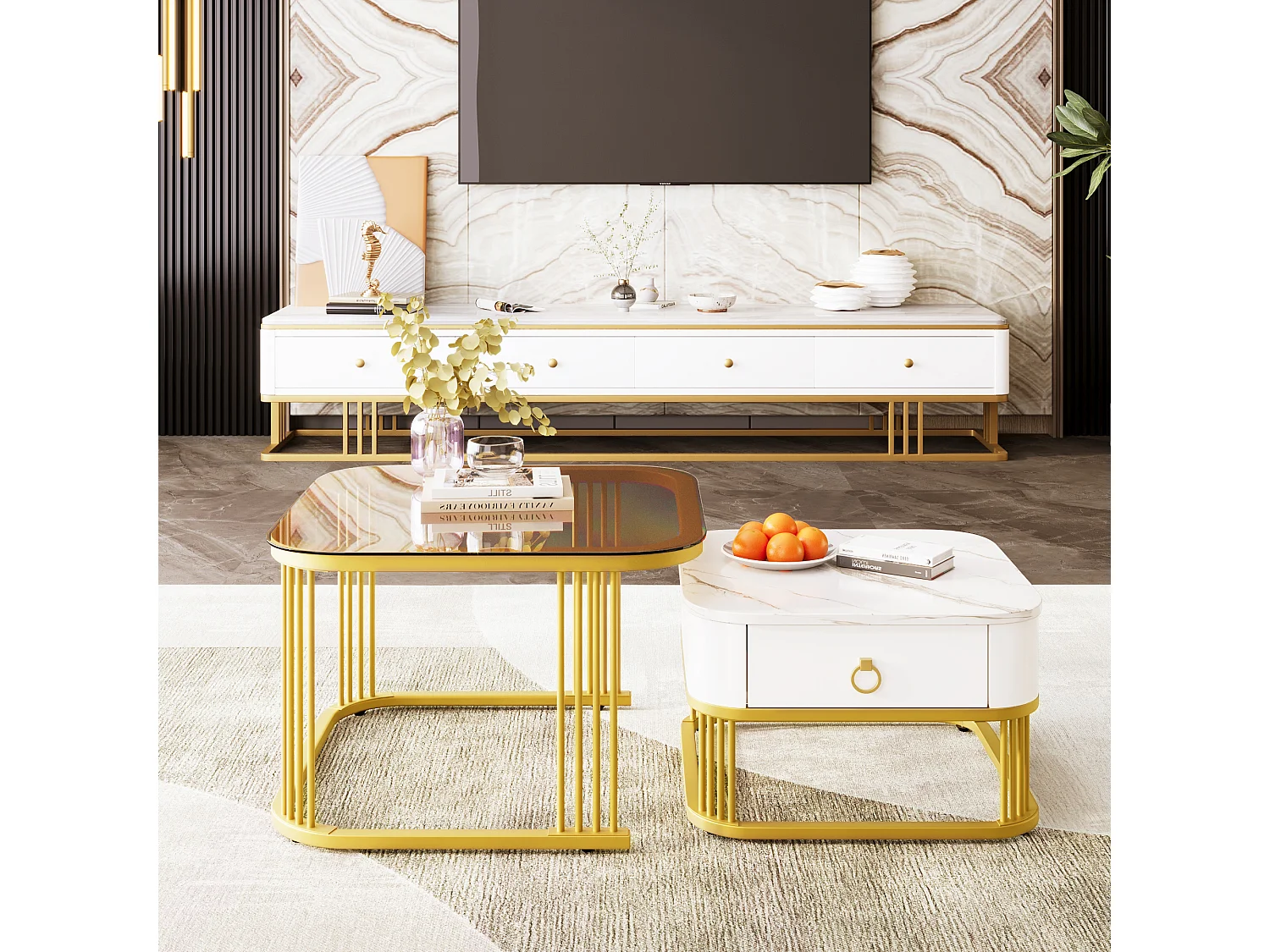 set of 2 coffee tables - table top in glass - shiny marble look - golden table legs - with drawer - white