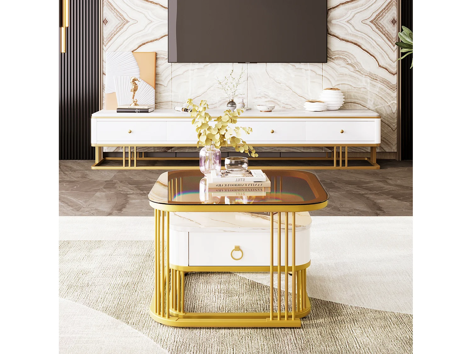 set of 2 coffee tables - table top in glass - shiny marble look - golden table legs - with drawer - white