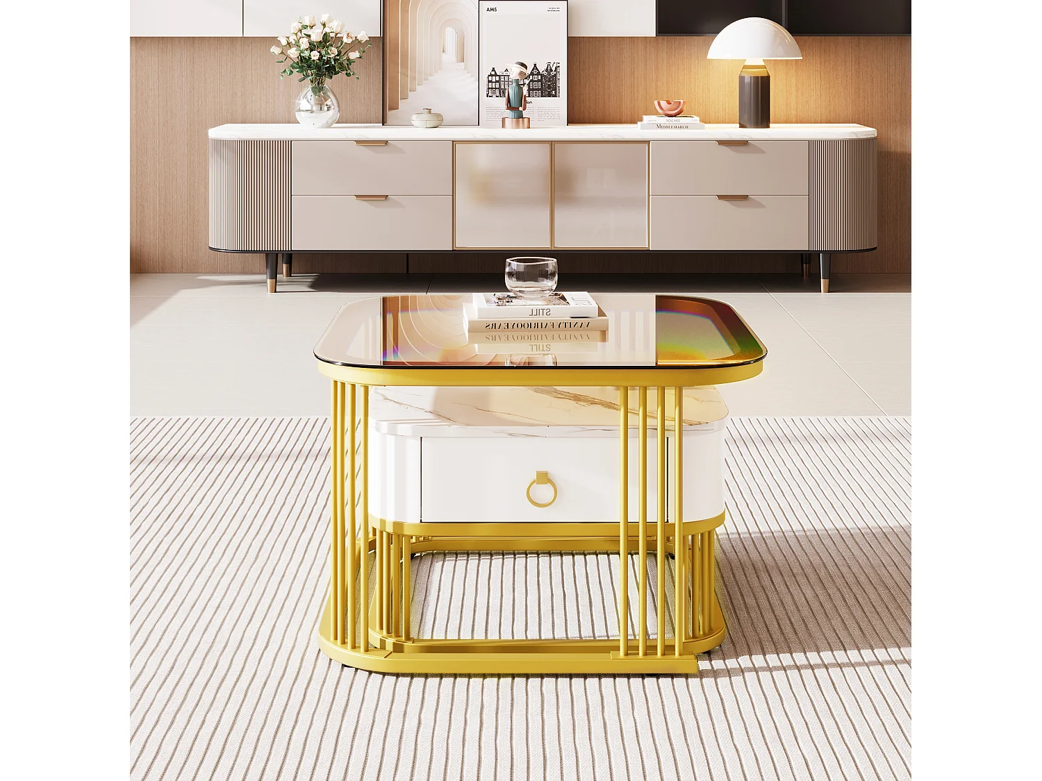 set of 2 coffee tables - table top in glass - shiny marble look - golden table legs - with drawer - white