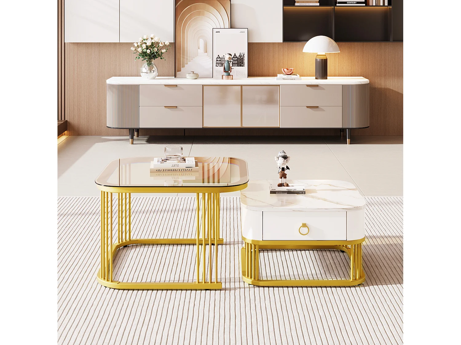 set of 2 coffee tables - table top in glass - shiny marble look - golden table legs - with drawer - white