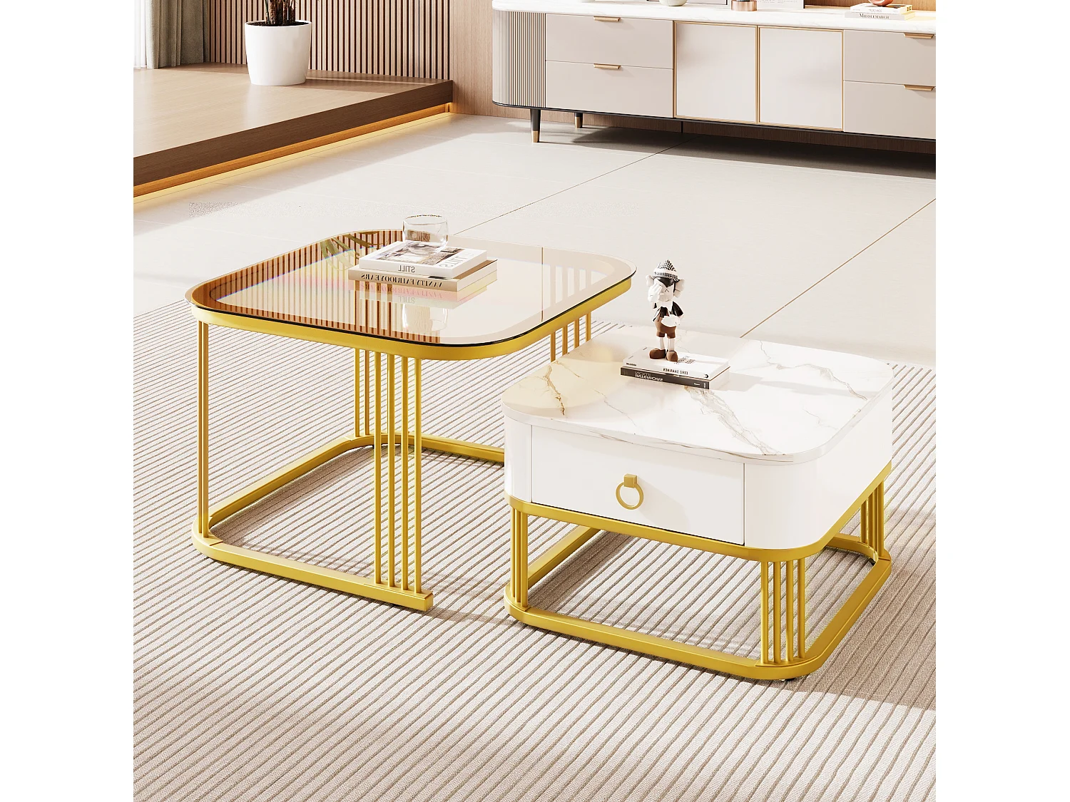 set of 2 coffee tables - table top in glass - shiny marble look - golden table legs - with drawer - white