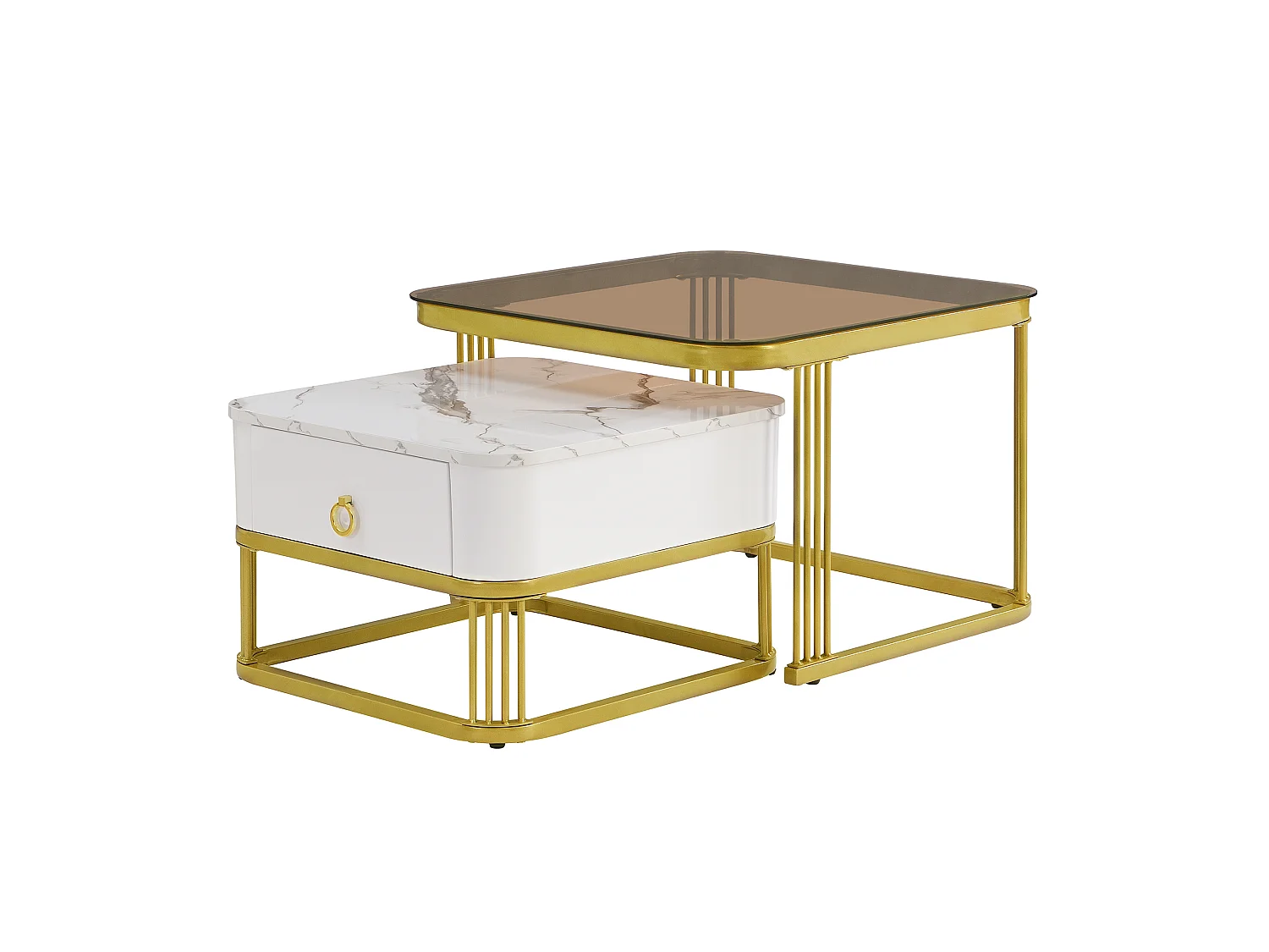 set of 2 coffee tables - table top in glass - shiny marble look - golden table legs - with drawer - white
