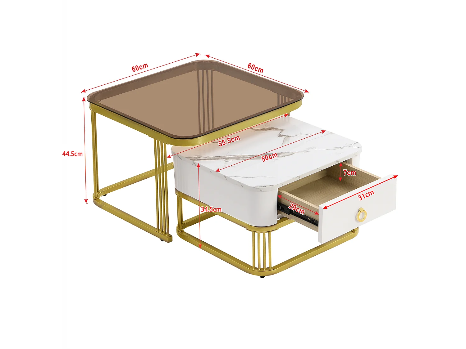set of 2 coffee tables - table top in glass - shiny marble look - golden table legs - with drawer - white