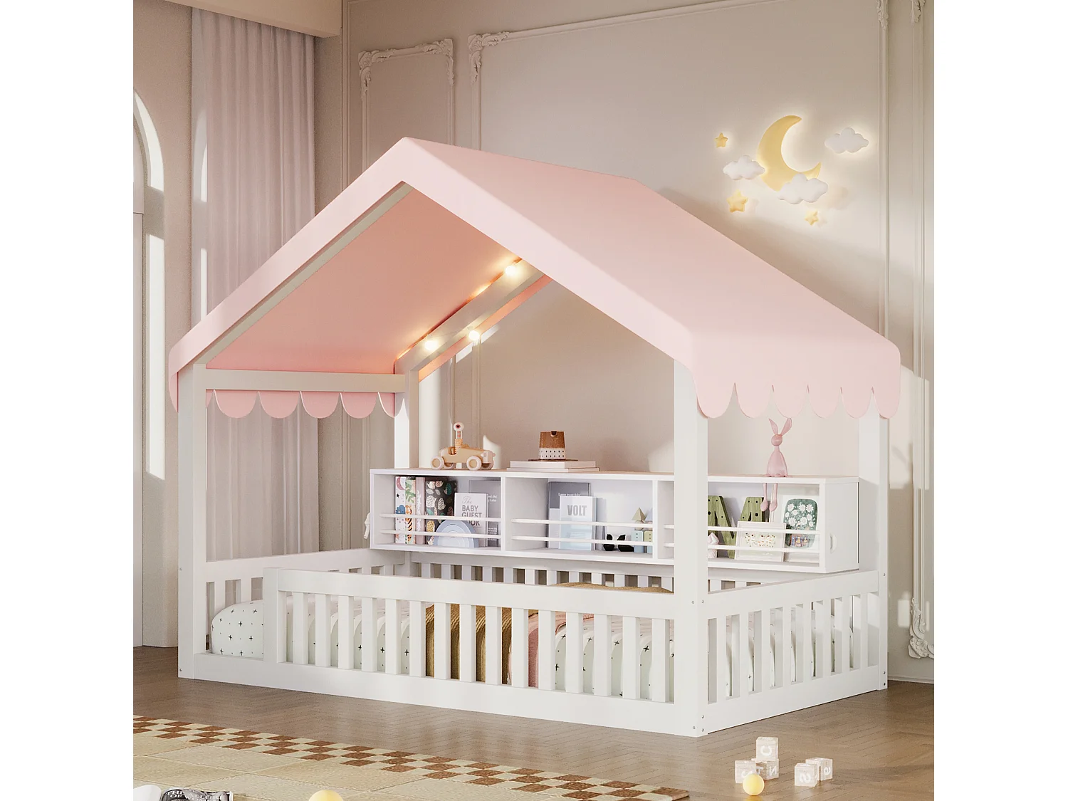Barnsäng i trä 90x200 cm - Barnsäng med baldakin, LED-ljusslinga och hylla - MDF - Vit (utan madrass)