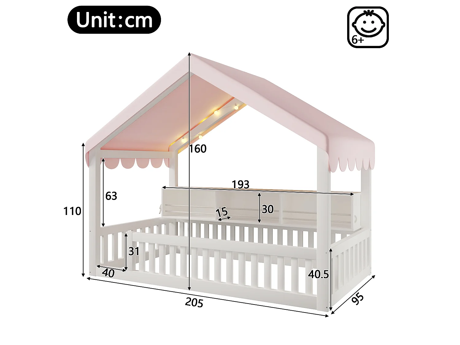 Barnsäng i trä 90x200 cm - Barnsäng med baldakin, LED-ljusslinga och hylla - MDF - Vit (utan madrass)