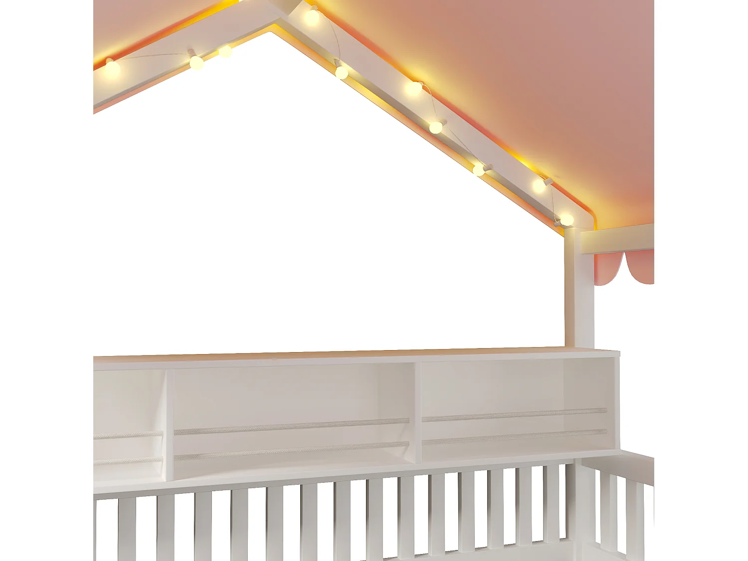 Barnsäng i trä 90x200 cm - Barnsäng med baldakin, LED-ljusslinga och hylla - MDF - Vit (utan madrass)