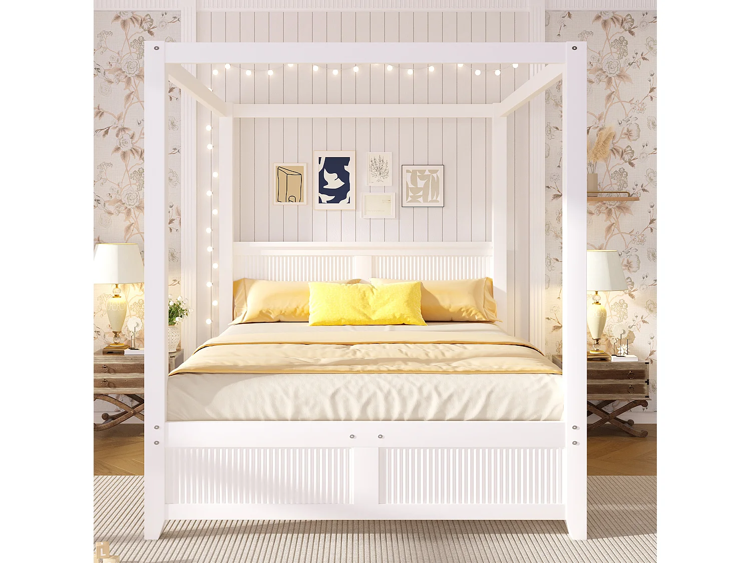 Wooden Canopy Bed 140 x 200 cm - Without Bed Curtains - Vertical Grooves - MDF and Pine Wood - White (Mattress Not Included)