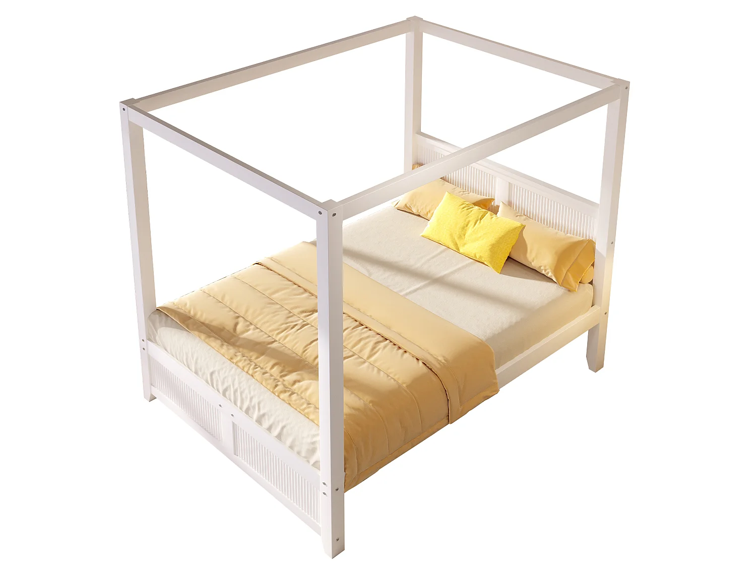 Wooden Canopy Bed 140 x 200 cm - Without Bed Curtains - Vertical Grooves - MDF and Pine Wood - White (Mattress Not Included)