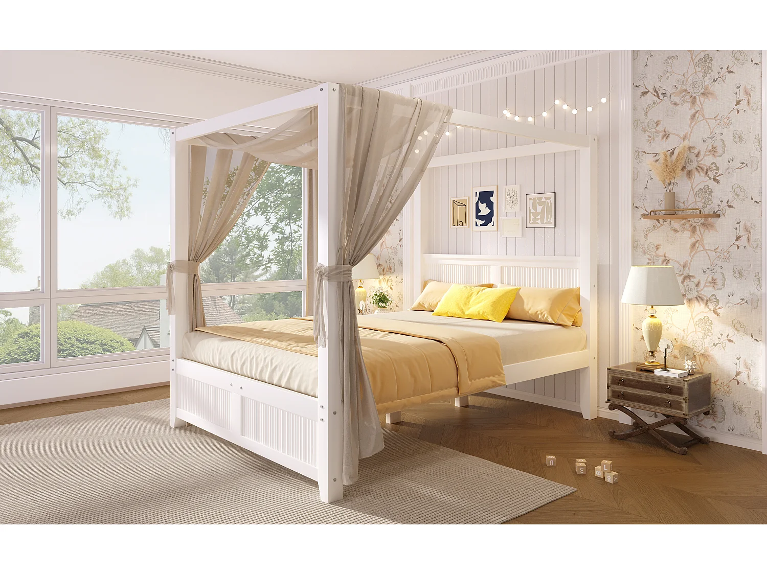Wooden Canopy Bed 140 x 200 cm - Without Bed Curtains - Vertical Grooves - MDF and Pine Wood - White (Mattress Not Included)