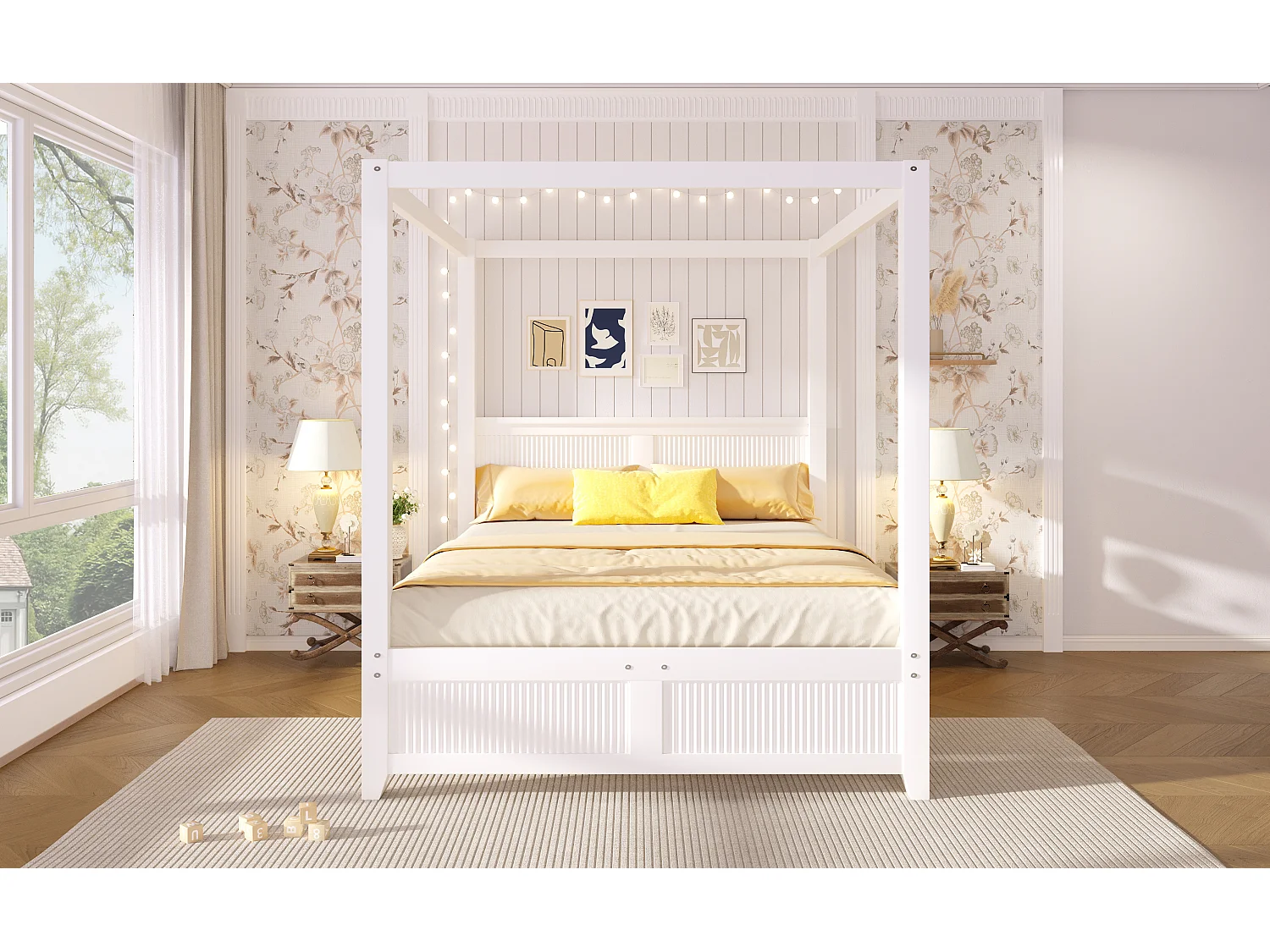 Wooden Canopy Bed 140 x 200 cm - Without Bed Curtains - Vertical Grooves - MDF and Pine Wood - White (Mattress Not Included)