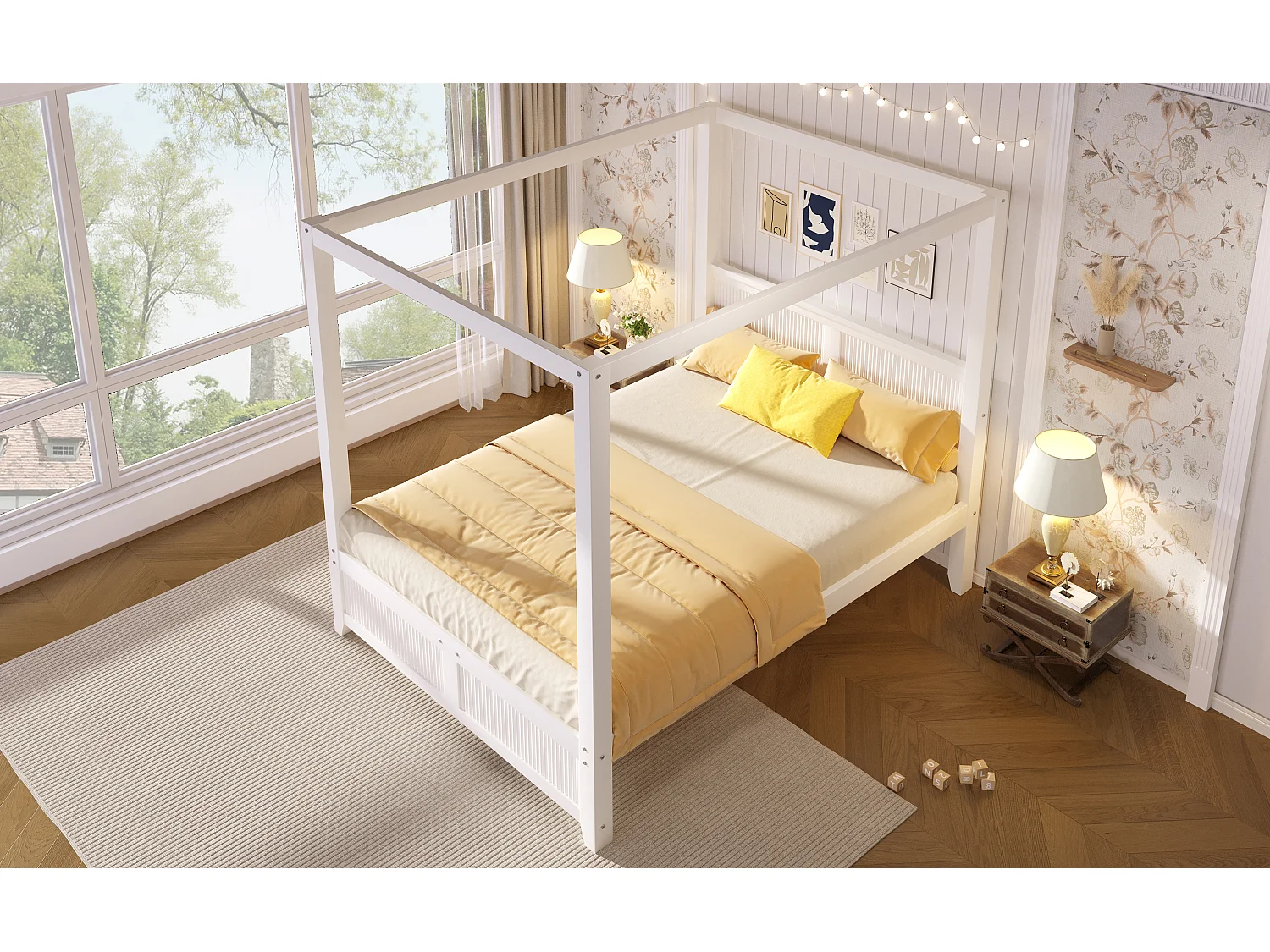 Wooden Canopy Bed 140 x 200 cm - Without Bed Curtains - Vertical Grooves - MDF and Pine Wood - White (Mattress Not Included)