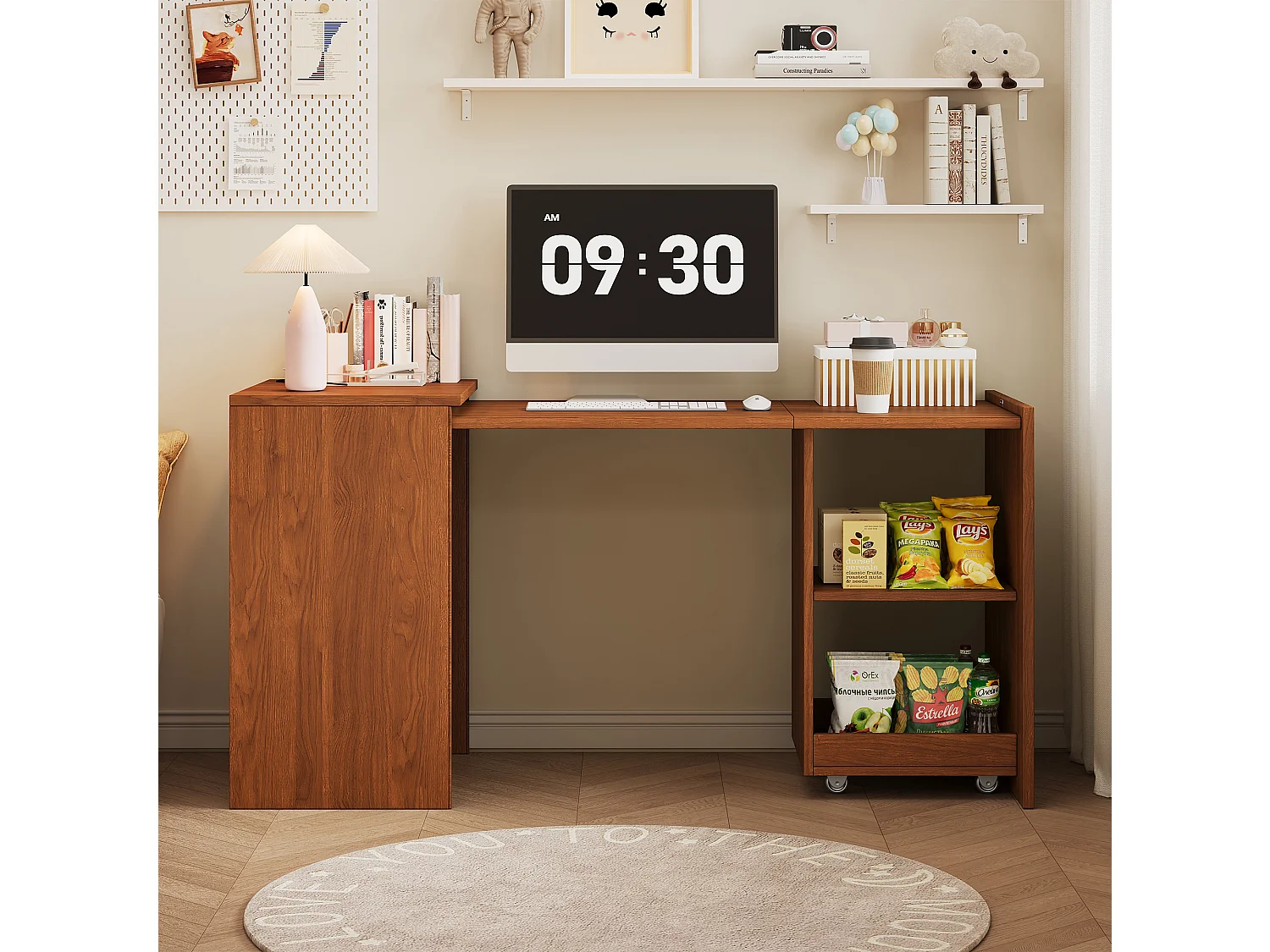Bureau et casier pliables 126x55x75 cm - 2 compartiments de rangement - Roulettes amovibles - Placage noyer - Marron