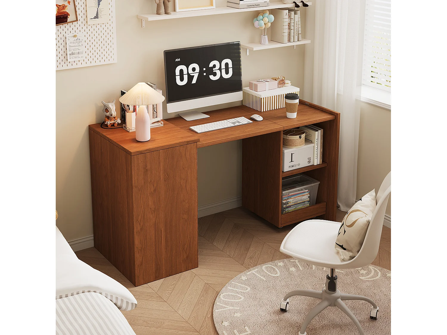 Bureau et casier pliables 126x55x75 cm - 2 compartiments de rangement - Roulettes amovibles - Placage noyer - Marron
