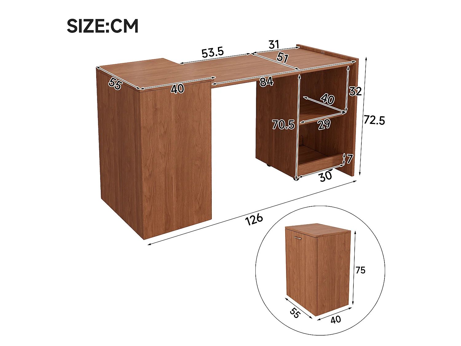 Bureau et casier pliables 126x55x75 cm - 2 compartiments de rangement - Roulettes amovibles - Placage noyer - Marron