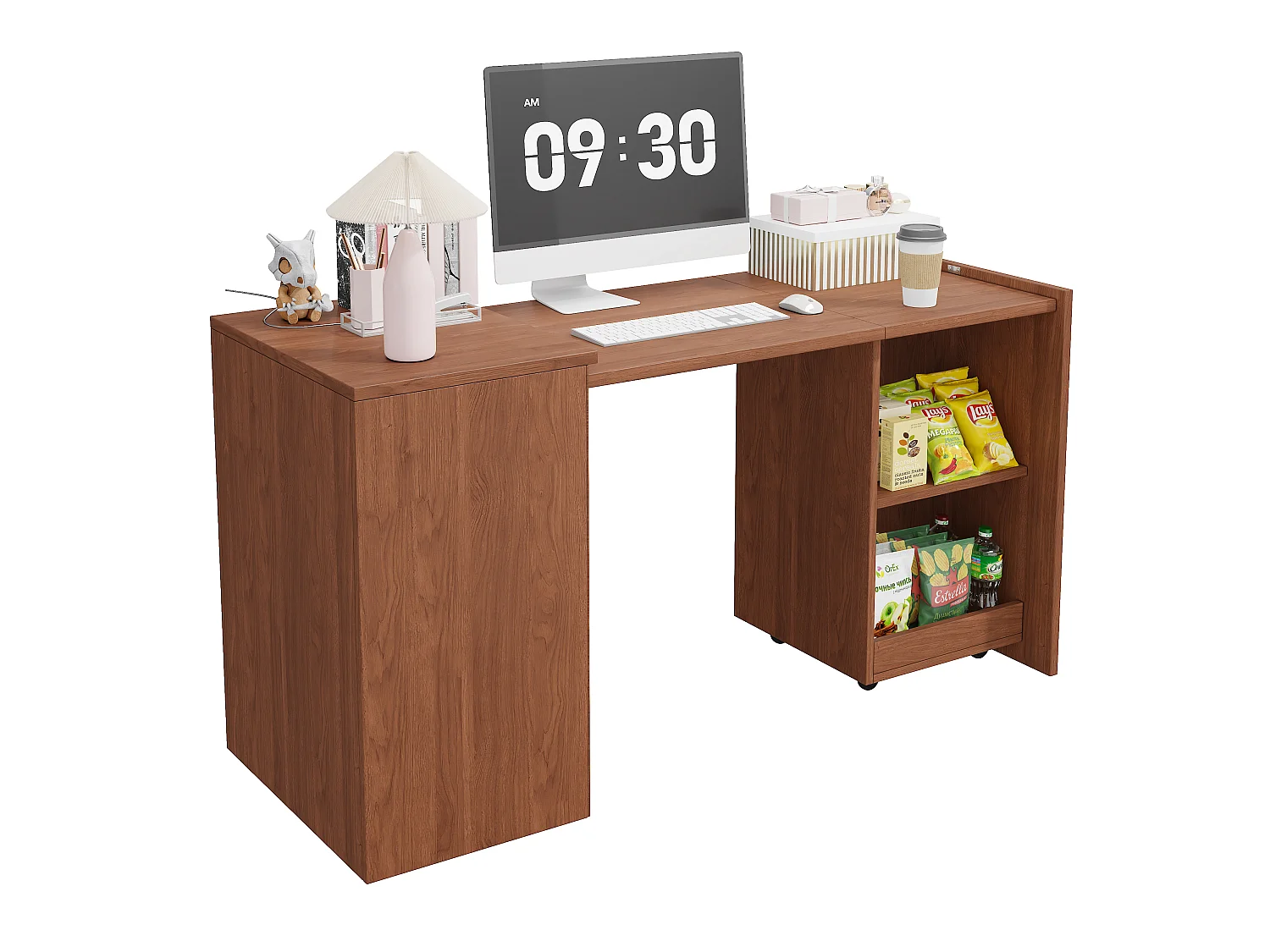 Bureau et casier pliables 126x55x75 cm - 2 compartiments de rangement - Roulettes amovibles - Placage noyer - Marron