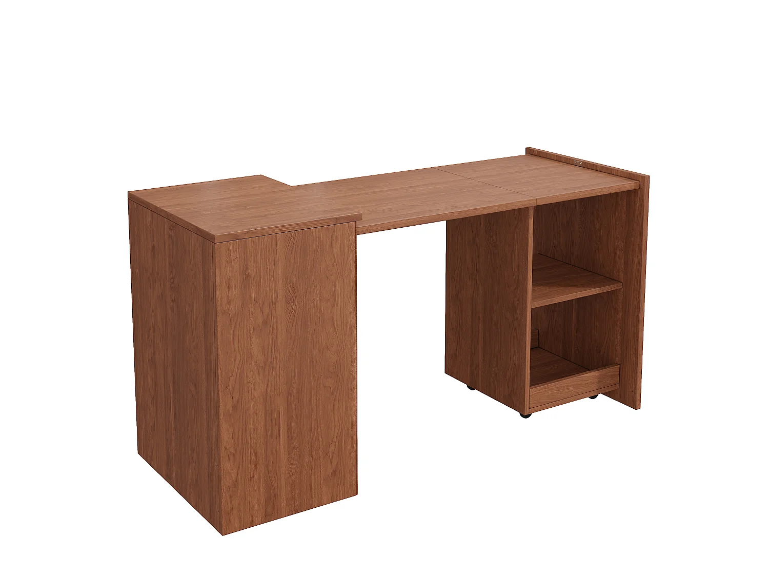 Bureau et casier pliables 126x55x75 cm - 2 compartiments de rangement - Roulettes amovibles - Placage noyer - Marron