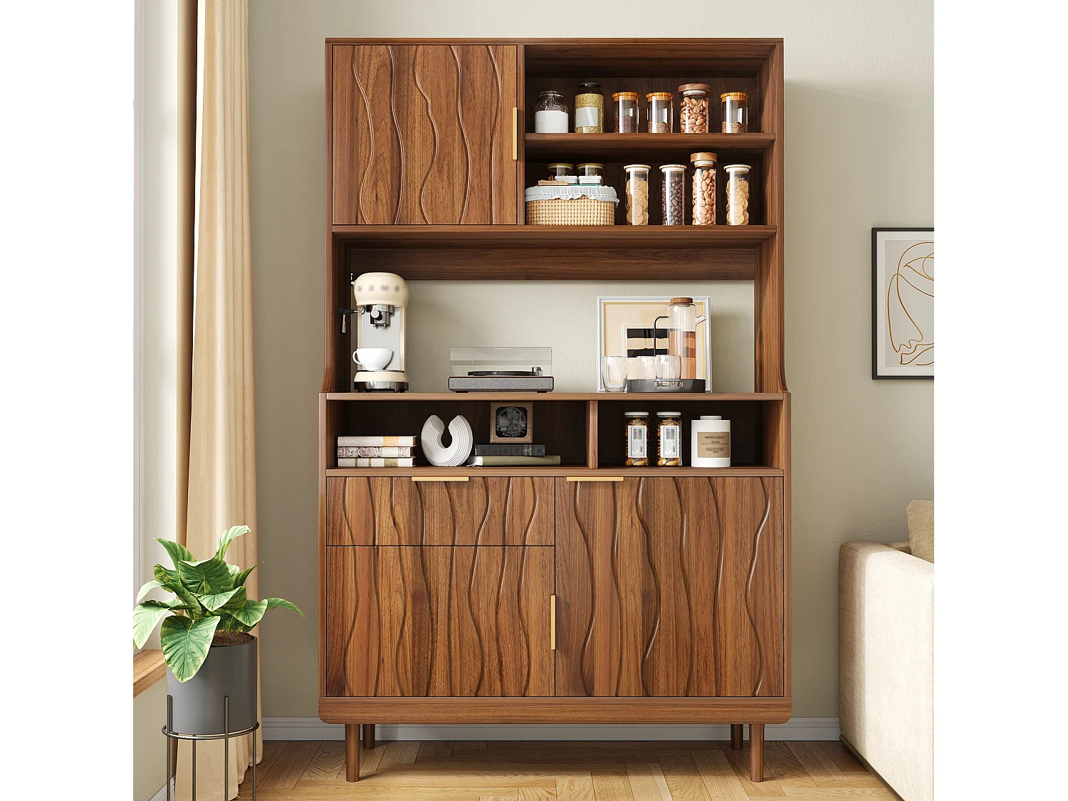Buffet/armoire haute de cuisine 100x32x170 cm - Avec 3 portes et 1 tiroir - Pieds en bois massif - MDF - Marron
