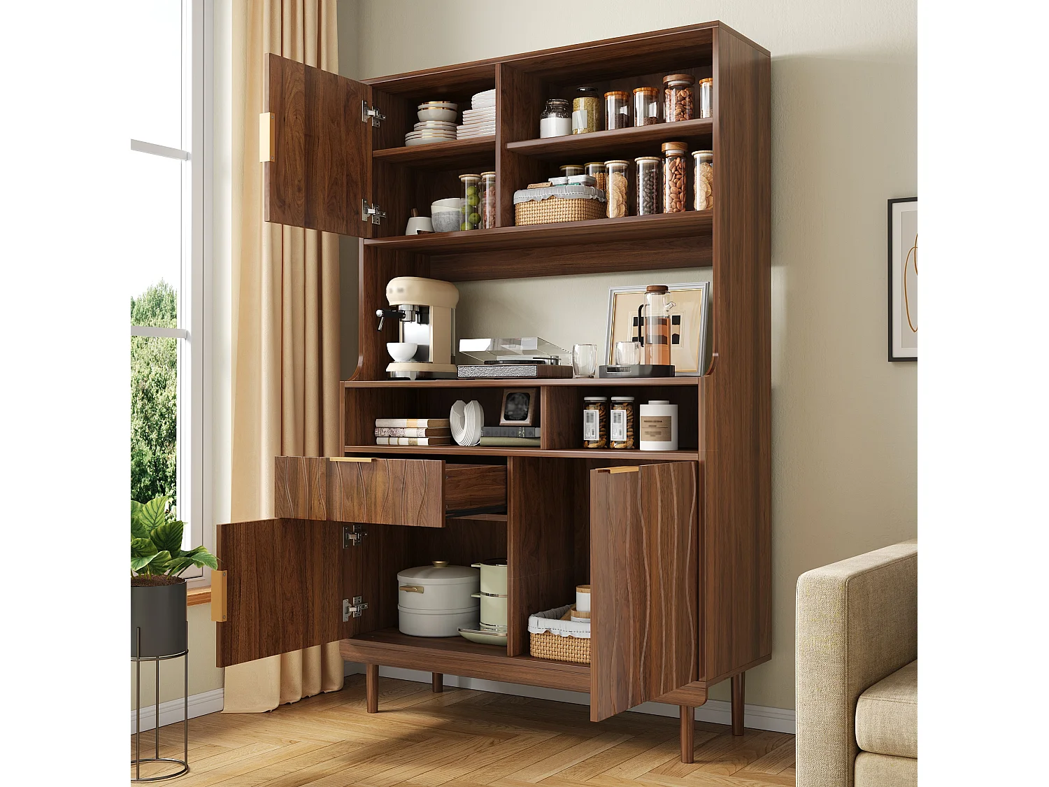 Buffet/armoire haute de cuisine 100x32x170 cm - Avec 3 portes et 1 tiroir - Pieds en bois massif - MDF - Marron