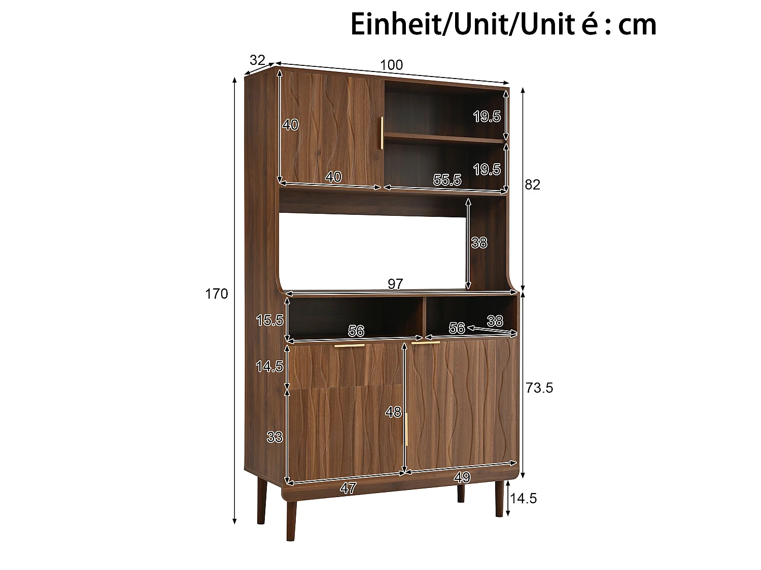 Buffet/armoire haute de cuisine 100x32x170 cm - Avec 3 portes et 1 tiroir - Pieds en bois massif - MDF - Marron
