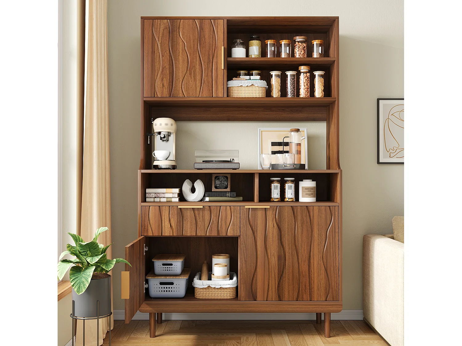 Buffet/armoire haute de cuisine 100x32x170 cm - Avec 3 portes et 1 tiroir - Pieds en bois massif - MDF - Marron