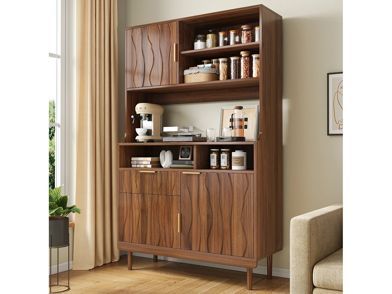 Buffet/armoire haute de cuisine 100x32x170 cm - Avec 3 portes et 1 tiroir - Pieds en bois massif - MDF - Marron