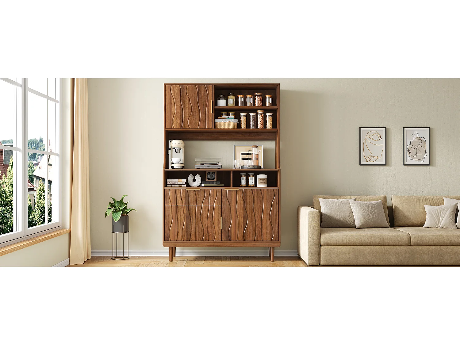 Buffet/armoire haute de cuisine 100x32x170 cm - Avec 3 portes et 1 tiroir - Pieds en bois massif - MDF - Marron