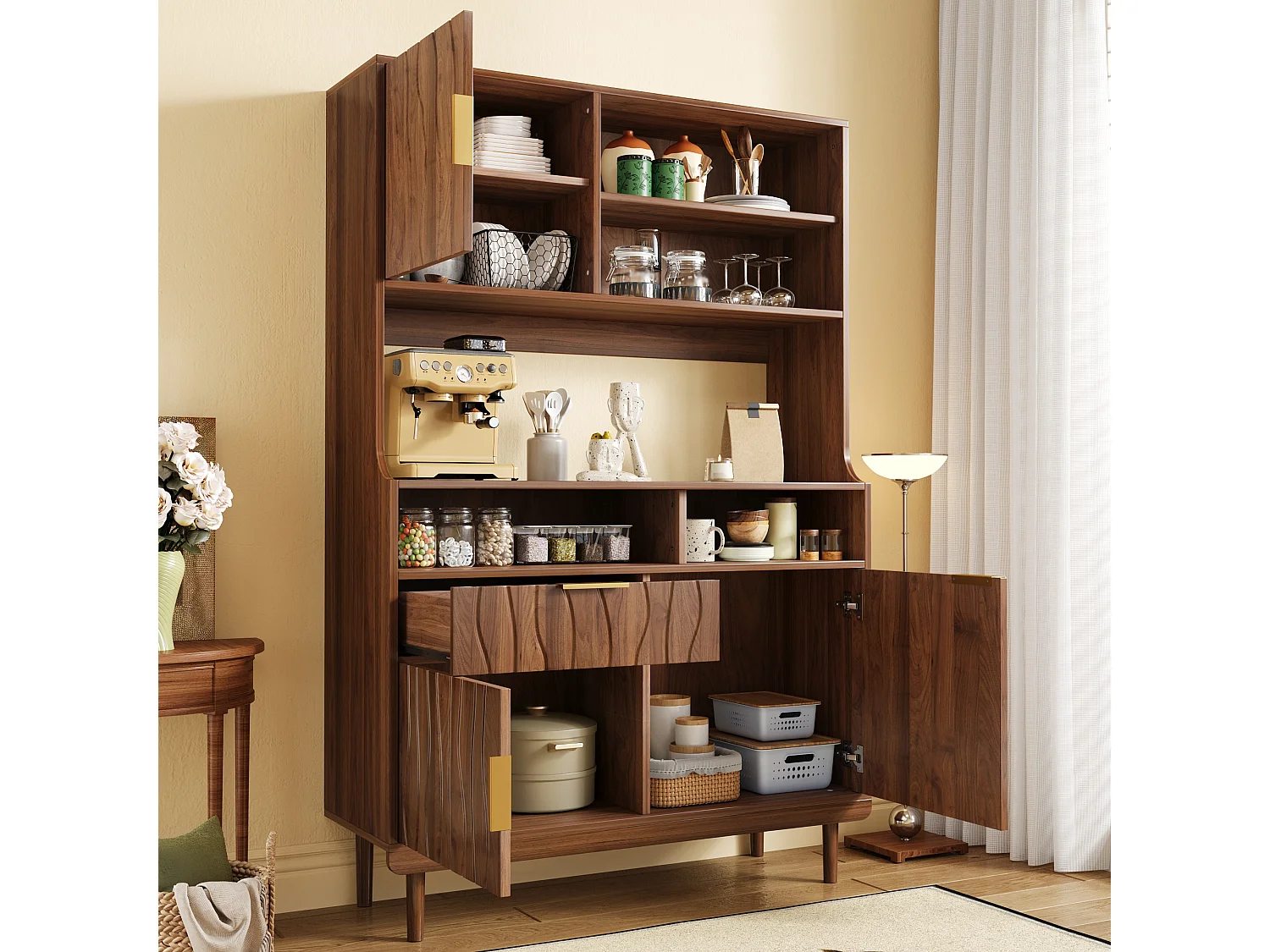 Buffet/armoire haute de cuisine 100x32x170 cm - Avec 3 portes et 1 tiroir - Pieds en bois massif - MDF - Marron