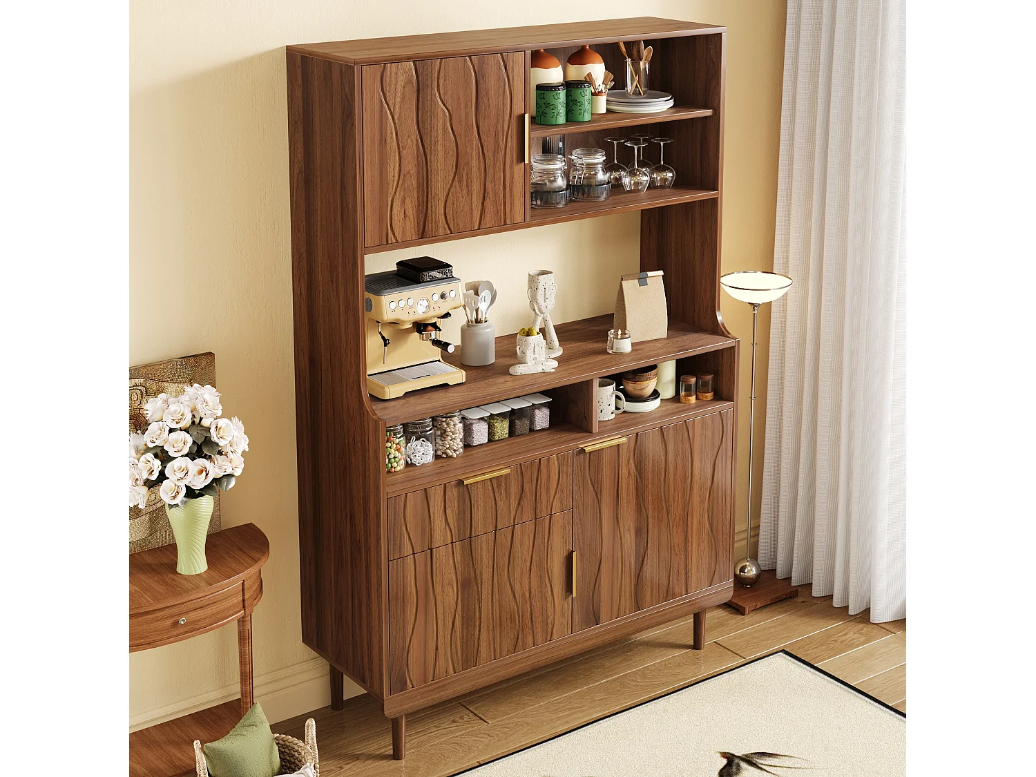Buffet/armoire haute de cuisine 100x32x170 cm - Avec 3 portes et 1 tiroir - Pieds en bois massif - MDF - Marron