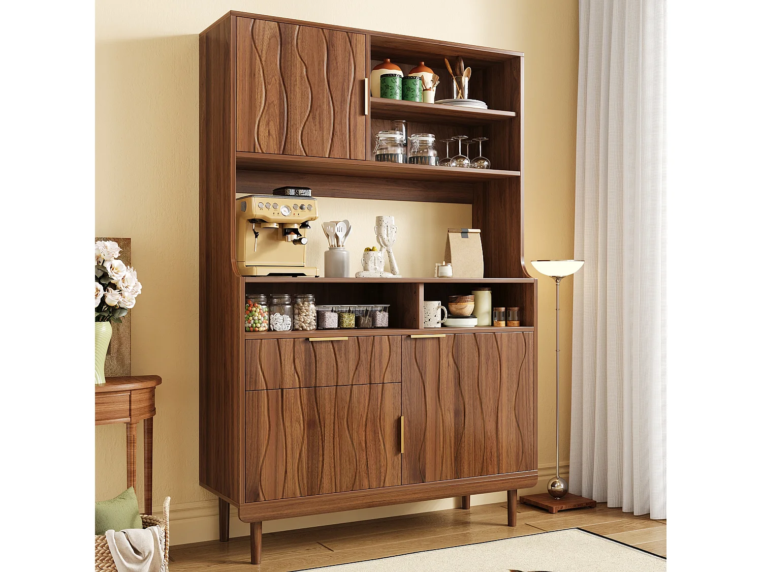 Buffet/armoire haute de cuisine 100x32x170 cm - Avec 3 portes et 1 tiroir - Pieds en bois massif - MDF - Marron