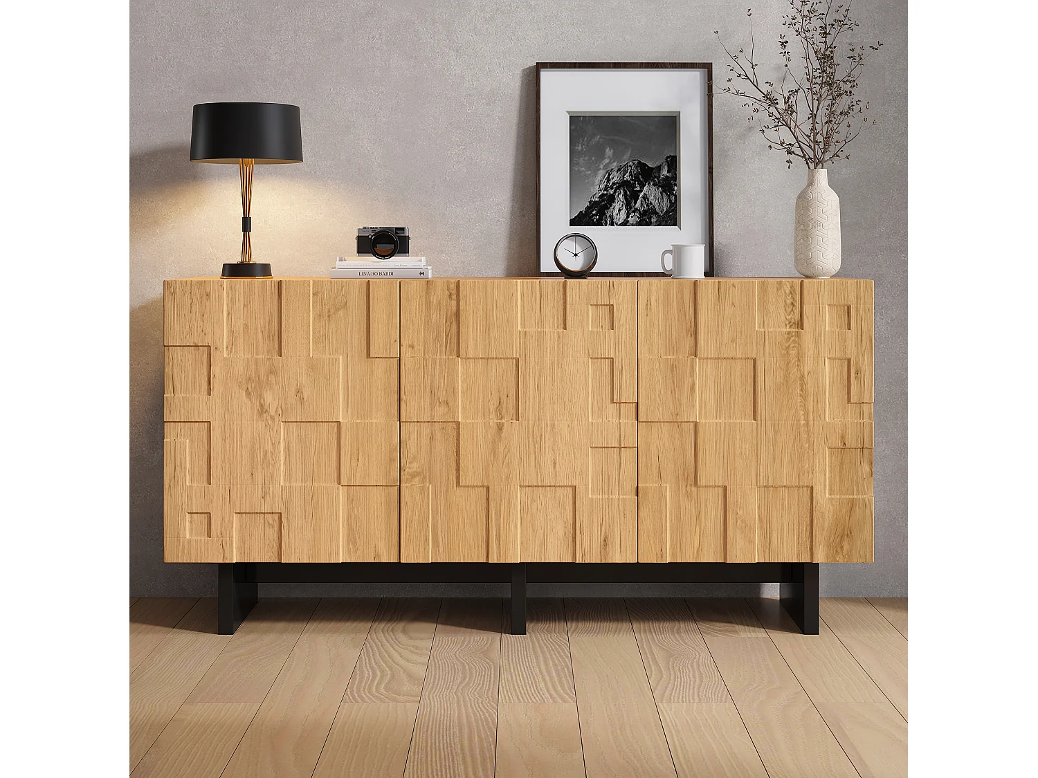Buffet, meuble de rangement 140x40x70 cm - 3 portes à motif gaufré - Style champêtre - Placage bois - Naturel
