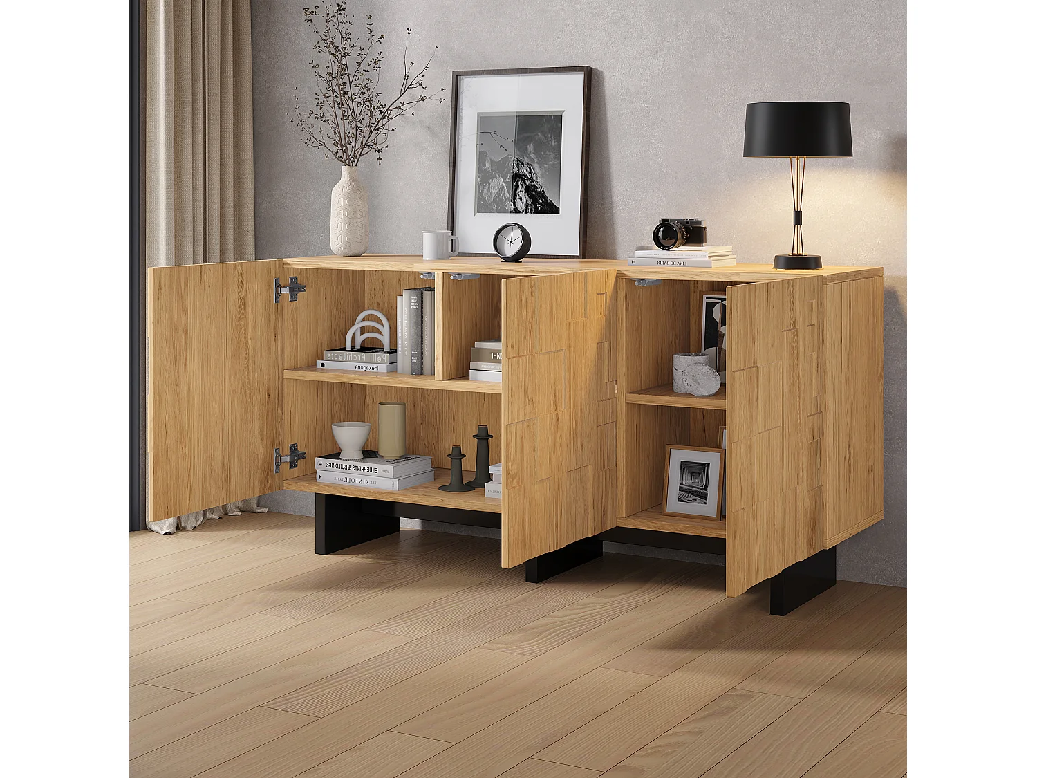 Buffet, meuble de rangement 140x40x70 cm - 3 portes à motif gaufré - Style champêtre - Placage bois - Naturel