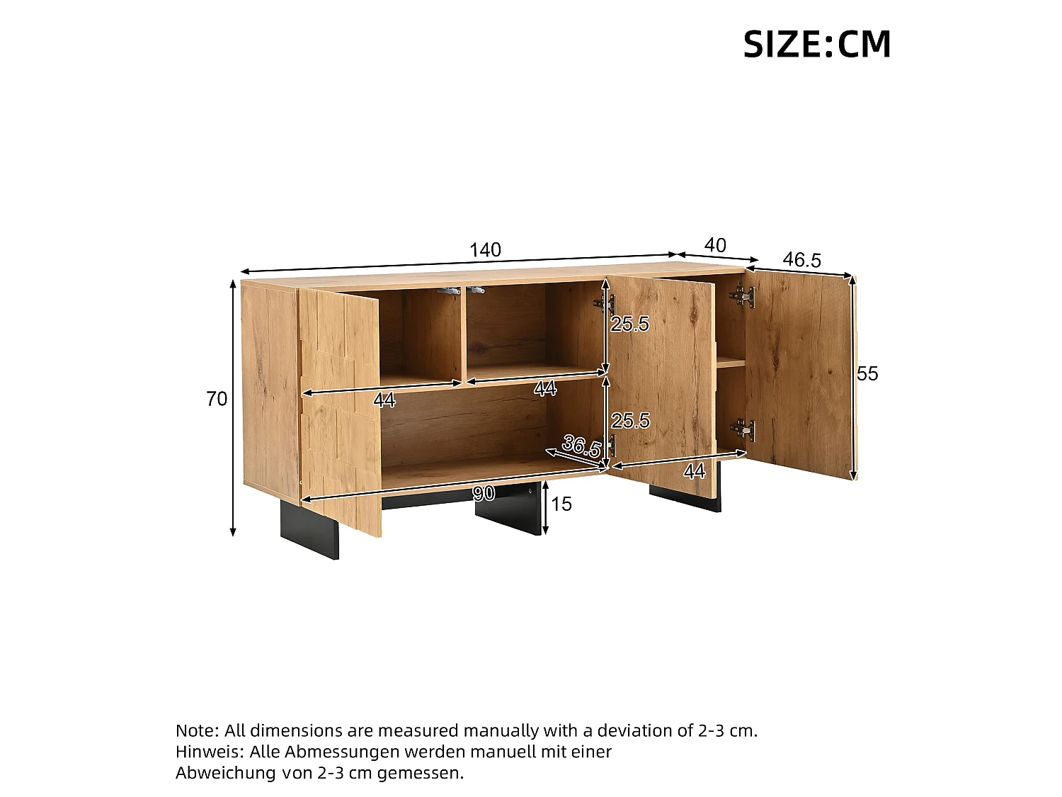 Buffet, meuble de rangement 140x40x70 cm - 3 portes à motif gaufré - Style champêtre - Placage bois - Naturel