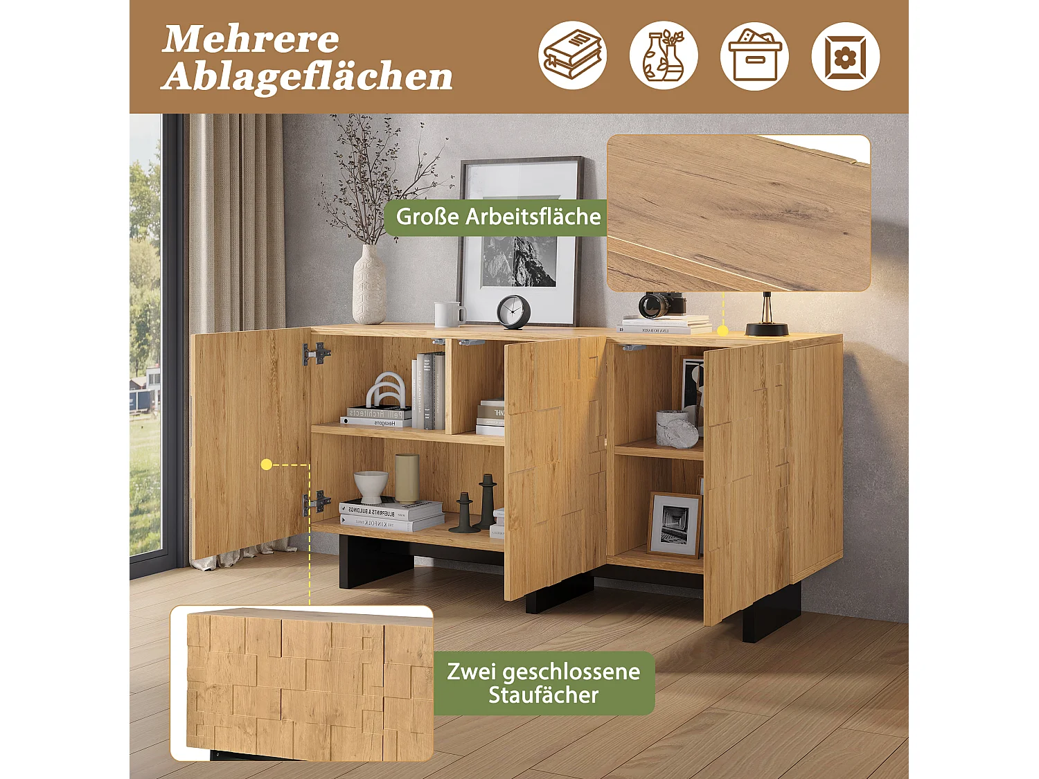 Buffet, meuble de rangement 140x40x70 cm - 3 portes à motif gaufré - Style champêtre - Placage bois - Naturel