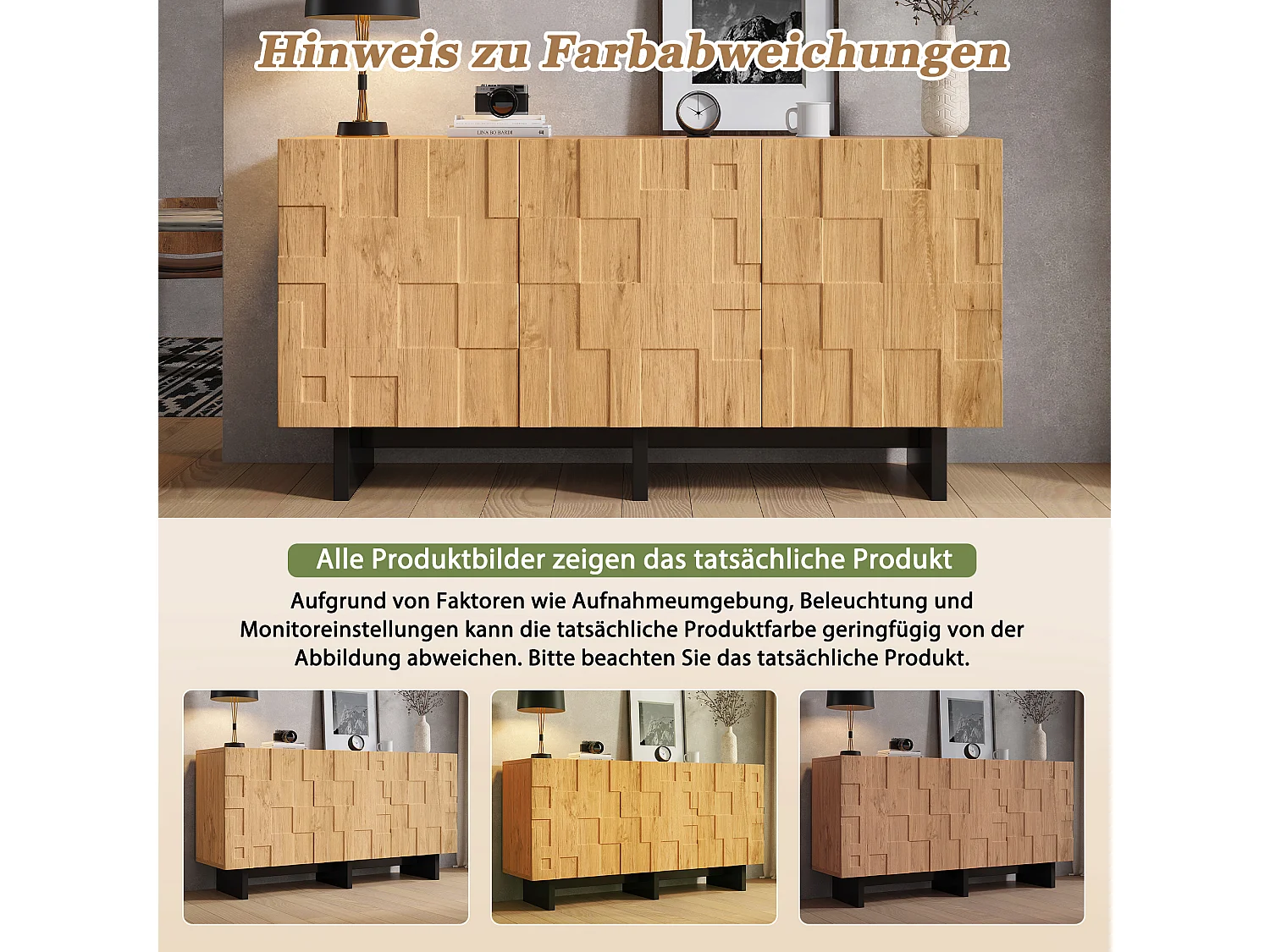 Buffet, meuble de rangement 140x40x70 cm - 3 portes à motif gaufré - Style champêtre - Placage bois - Naturel